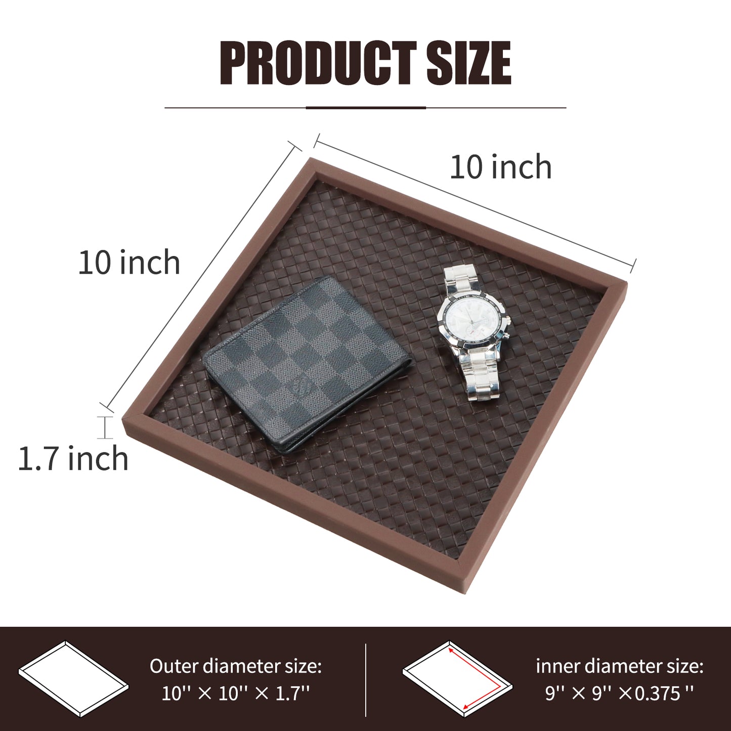 SANZIE Plaited Leather Tray for Jewellery Storage Table Organizer for Keys Phone Coin and Sundries. 10IN*10IN*1.7IN