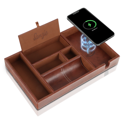 SANZIE Leather Tray with Wireless Charger - Nightstand Organizer for Phone, Wallet, Keys, Sunglasses, Watches, Jewelry, and More