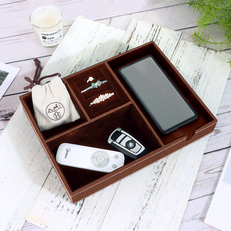 SANZIE Leather Tray with Wireless Charger - Nightstand Organizer for Phone, Wallet, Keys, Sunglasses, Watches, Jewelry, and More