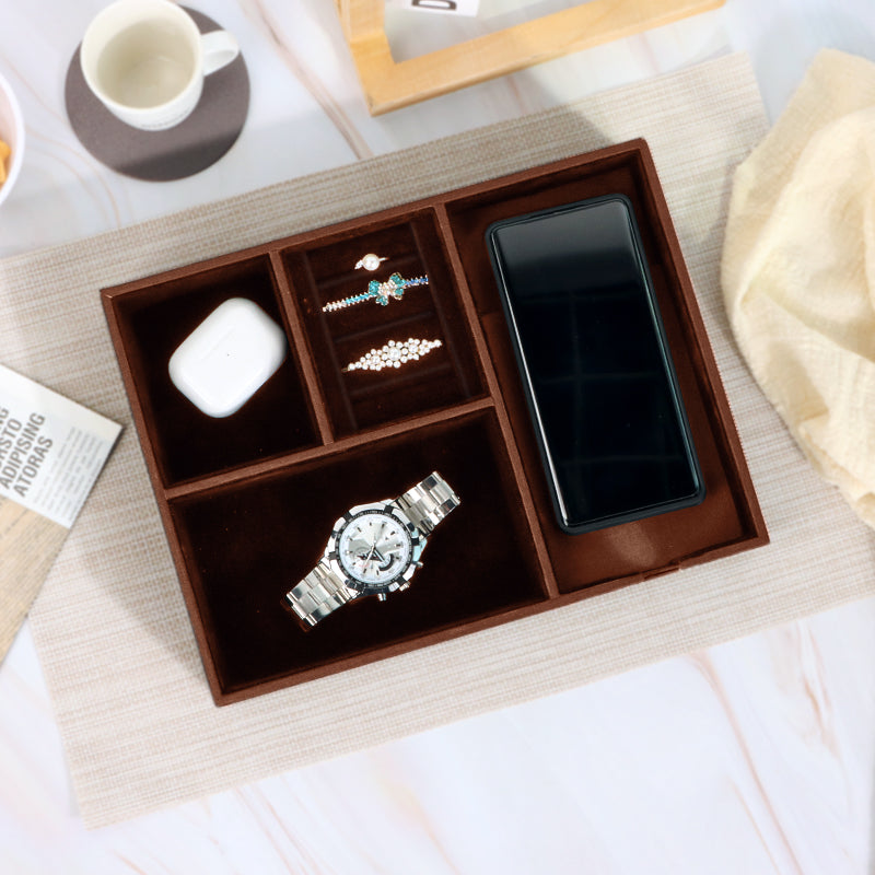 SANZIE Leather Tray with Wireless Charger - Nightstand Organizer for Phone, Wallet, Keys, Sunglasses, Watches, Jewelry, and More